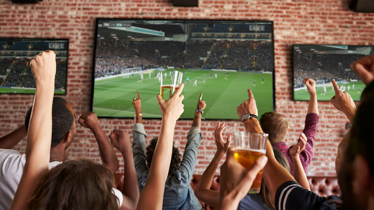 Group of people cheering while watching a soccer game on television.