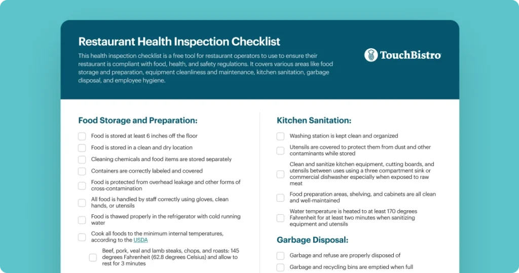 Preview of restaurant health inspection checklist.