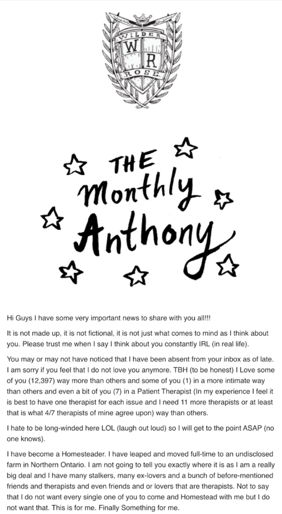 Image of a newsletter from Chef Anthony Rose.