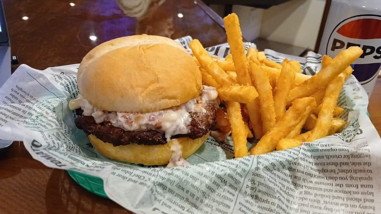 A burger and fries from Rally House Sports Bar.