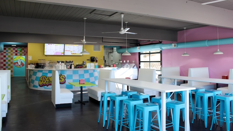 Image of the colorful interior of Bevvy's Soda Shop.